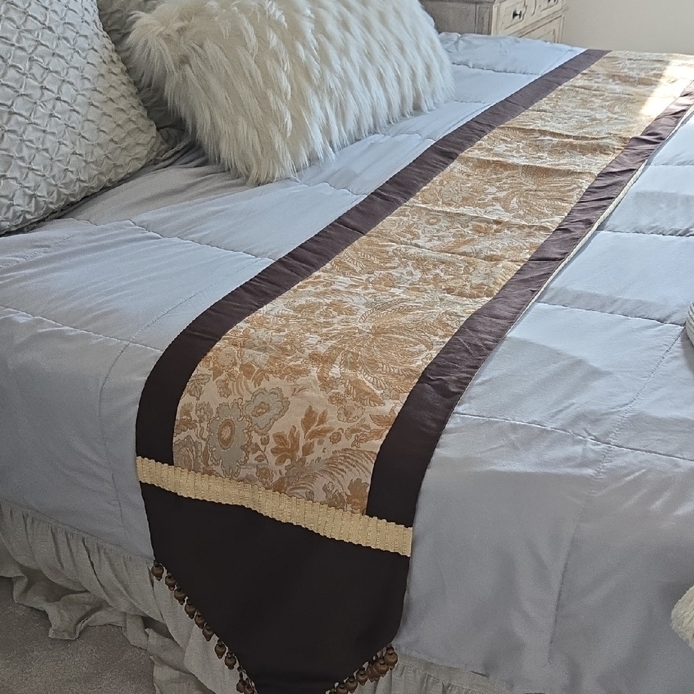 Elegant Gold Brown and Cream Long Embroidered Table Runner